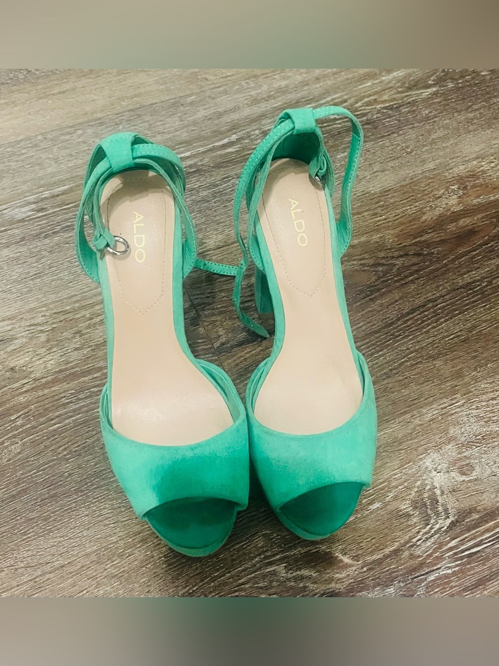 ALDO Teal Green Suede Open-Toe Ankle Strap Heels